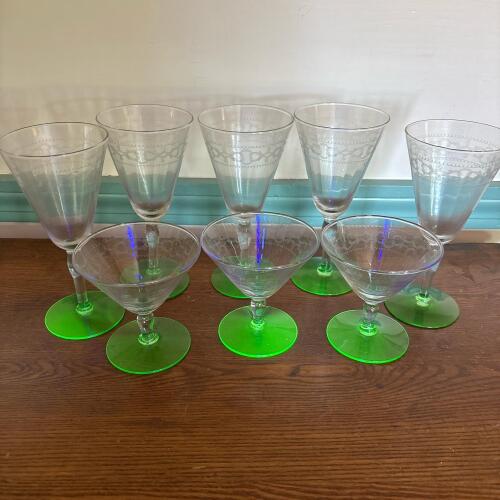 Eight Piece Etched Stemware Set with Uranium Glass Bases