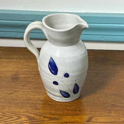 Williamsburg Pottery Stoneware Pitcher With Blue Leaf Motif