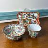 Asian-Style Decorated Ceramic Bowl, Cup, and Tray Trio