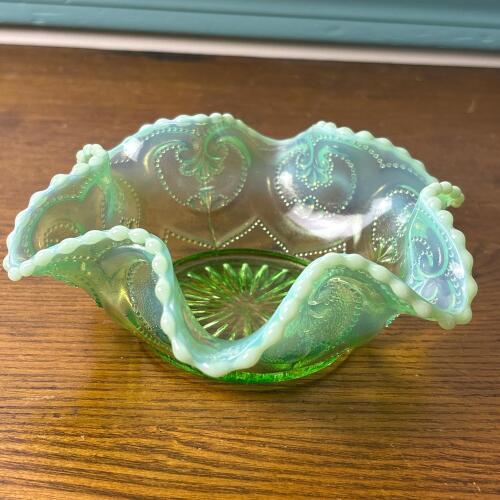 Opalescent Green Pressed Glass Bowl With Ruffled Edge