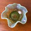 Opalescent Green Pressed Glass Bowl With Ruffled Edge - 2