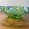 Opalescent Green Pressed Glass Bowl With Ruffled Edge - 4