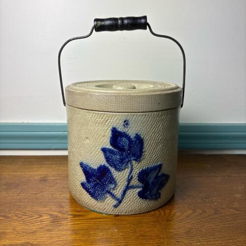 Stoneware Crock With Lid and Blue Floral Design
