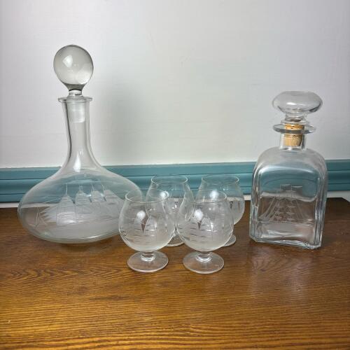 Nautical Etched Glass Decanters and Stemware Lot