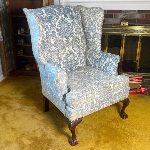 Barbo's Own Wing Chair in Blue Damask Queen Anne Style