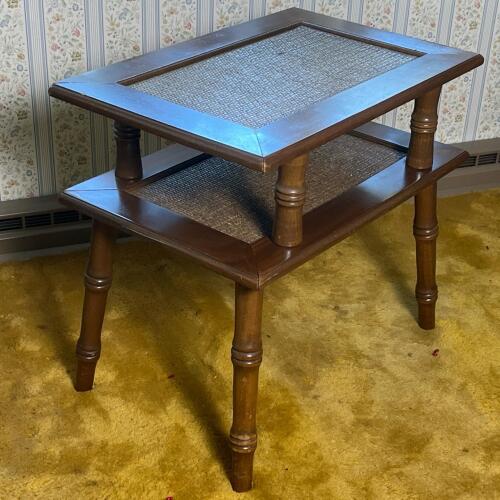 Two-Tier Wooden End Table With Woven Cane Insets