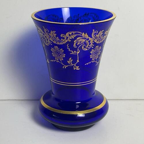 Cobalt Blue Glass Vase with Gold Floral Decoration