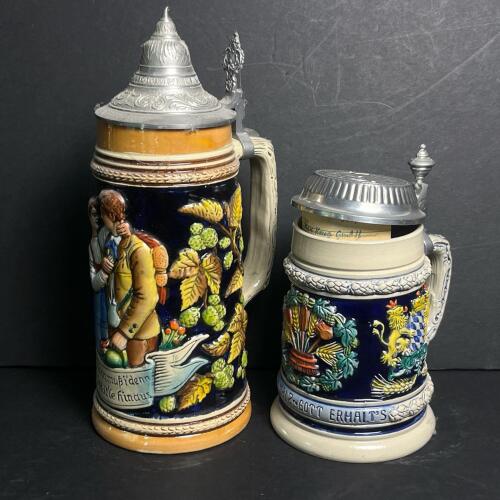 Vintage German Beer Steins With Pewter Lids in Traditional Style