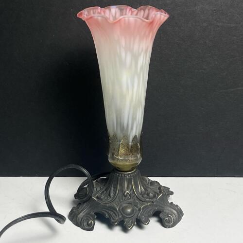 Decorative Portable Lamp with Pink Glass Shade, Rococo-Style Base