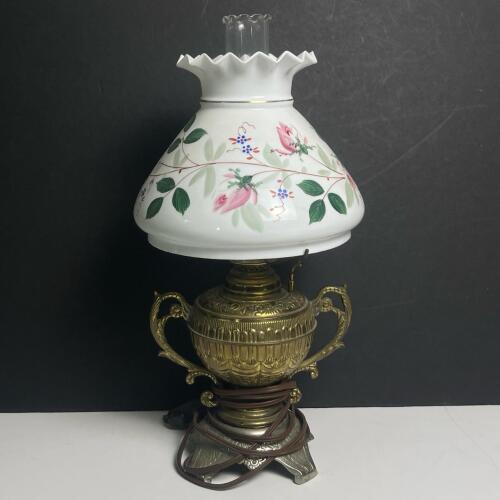 Brass and Glass Table Lamp with Floral Painted Shade