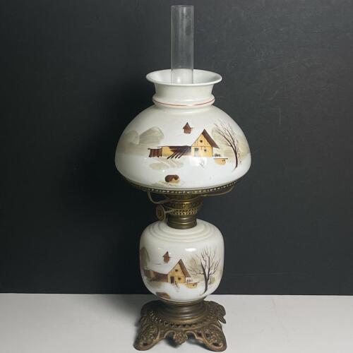 Antique Brass and Glass Oil Lamp With Hand-Painted Winter Scene