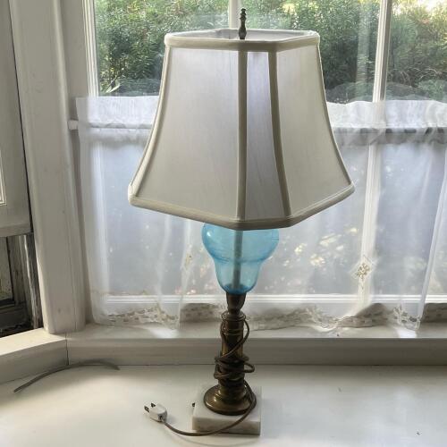 Table Lamp With Blue Glass Embellishment and White Shade