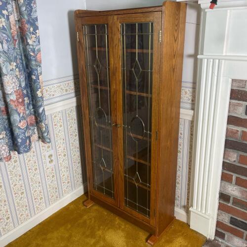 Glass Door Display Cabinet in Mission-Style Oak with Brass Accents