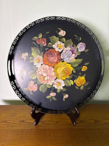 Hand Painted Floral Metal Tray With Pierced Gallery Edge