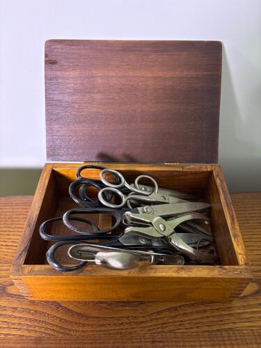 Assorted Scissors and Punches in Painted Wooden Box