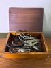 Assorted Scissors and Punches in Painted Wooden Box