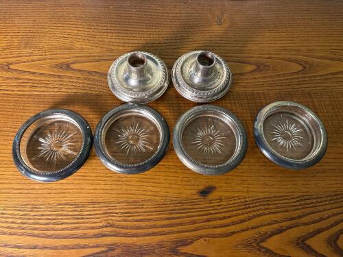 Leonard Silverplate Glass Coasters and Crest Sterling Weighted Candle Holders