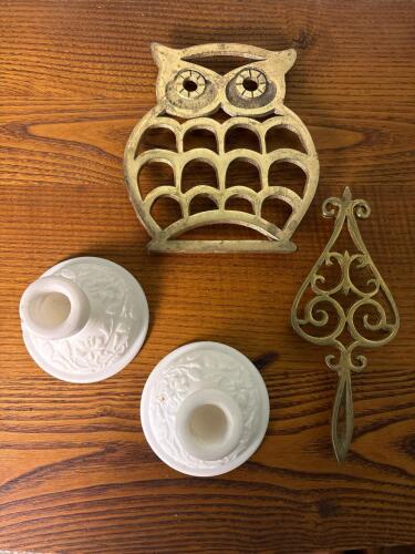 Pair of Imperial Milk Glass Candlesticks, Brass Owl Trivet, Brass Filigree Trivet