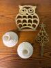 Pair of Imperial Milk Glass Candlesticks, Brass Owl Trivet, Brass Filigree Trivet