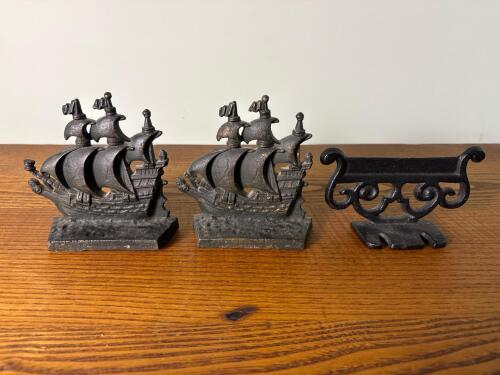 Cast Iron Galleon Ship Bookends and Scrollwork Stand