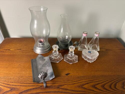 Assorted Crystal and Metal Candlesticks, Hurricane Lamps, and Boxes