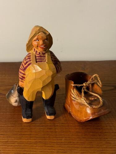 Hand Carved Folk Art Fisherman Figure and Wooden Shoe