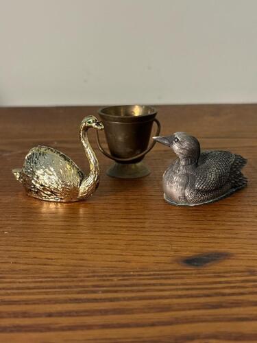 Three Miniature Metal Bird Figurines and Trophy-Style Cup