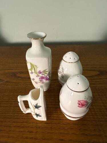 Assorted Fine Bone China Salt and Pepper Shakers, Vase, and Miniature Iron