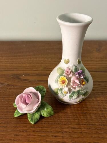 Porcelain Flower Vase and Rose Figurine, Handpainted Floral Style