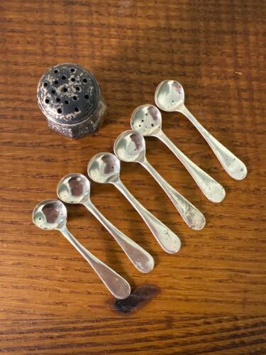 Sterling Silver Miniature Salt Shaker and Six Spoons
