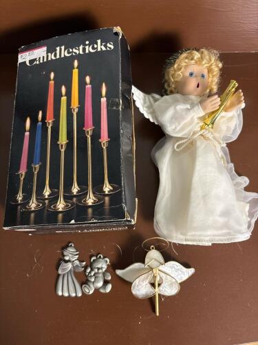 Leonard Brass Candlesticks, Angel Doll, and Ornaments Assortment