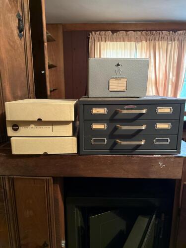 Slide Storage Cabinet, Kodak Carousel Slide Tray, and Brumberger Reel Case