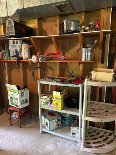 Assorted Hand Tools, Shelving, and Small Appliances