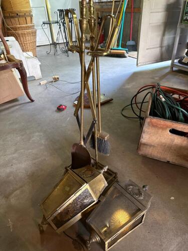Brass Fireplace Tool Set with Two Brass and Glass Wall Lanterns