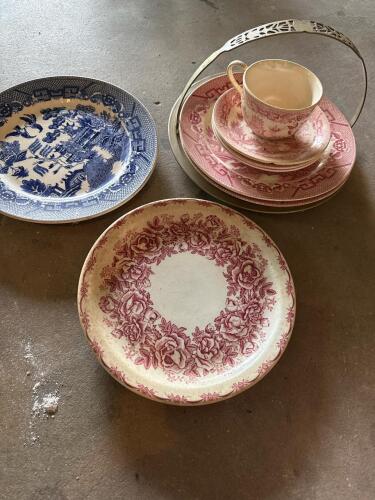 Vintage Transferware Plates and Cups with Brass Basket