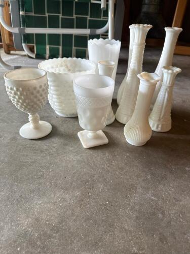 Milk Glass Vases and Goblets in the Manner of Fenton and Indiana Glass