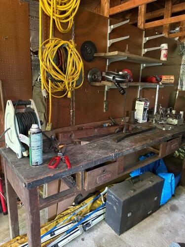 Vintage Wooden Workbench + Contents