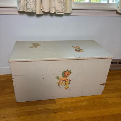 Vintage Painted Wooden Toy Chest with Animal Decals