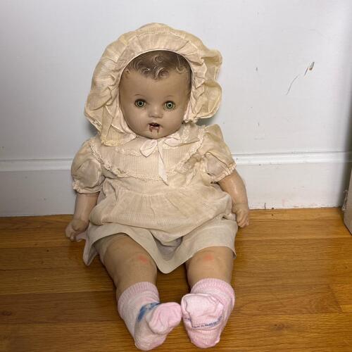 Vintage Composition Baby Doll in Dress and Bonnet