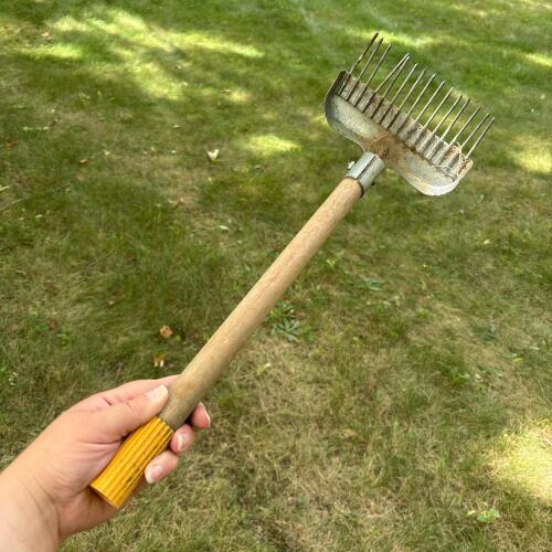 Vintage Metal and Wood Rake with Yellow Grip
