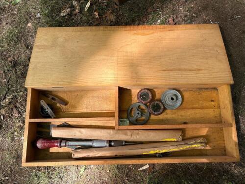 Vintage Wood Tool Box With Mixed Tool Accessories