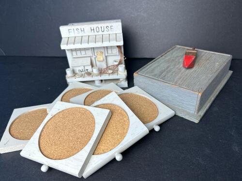 Nautical Beachcombers Fish House Coaster Set & Bouy Trinket Box