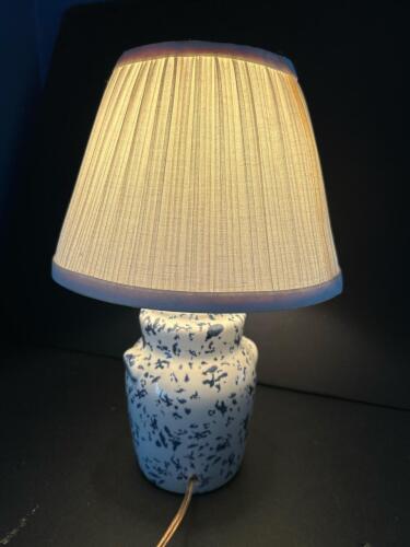 Small Blue and White Ceramic Table Lamp With Pleated Shade