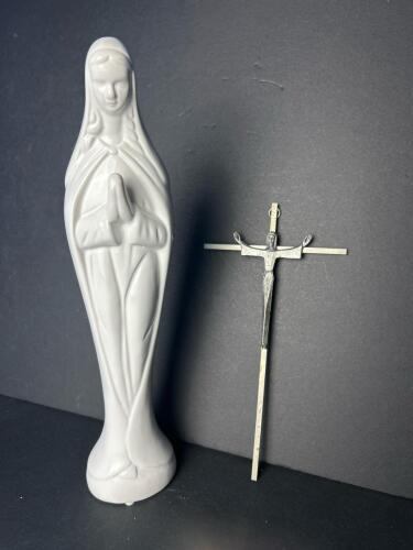 Modernist Metal Crucifix and Porcelain Madonna Statue