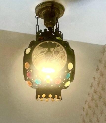 MCM Jeweled Glass and Brass Hanging Lantern in Moorish-Style