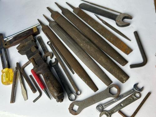 Assorted Vintage Hand Tools Including Wrenches, Files, and Square