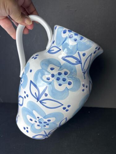 Hand-Painted Blue and White Floral Pottery Pitcher