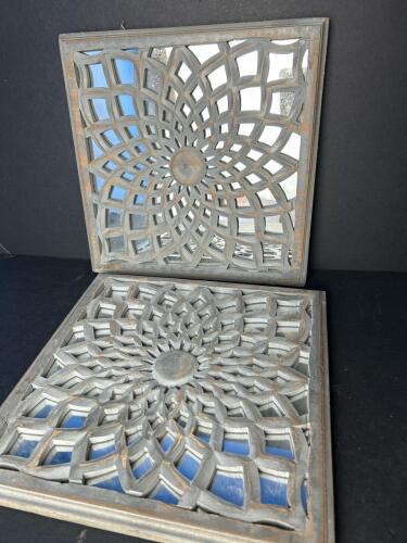 Two 12"x12" Wall Mirrors with Lattice Mandala-Style Wood Overlay