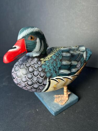 Small Hand Carved Painted Duck Figure on Wood Base