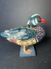 Small Hand Carved Painted Duck Figure on Wood Base - 3